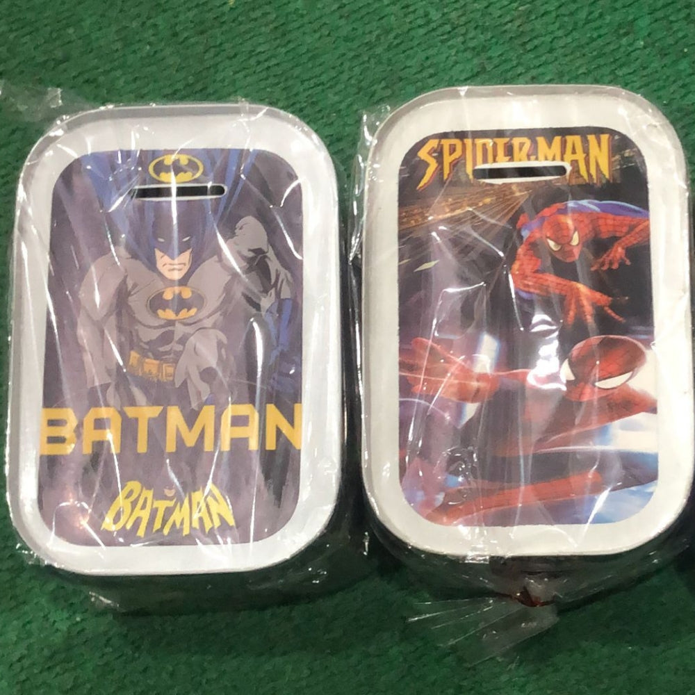 Metallic Character Money Bank for Kids – Durable Coin Saving Box with Batman & Spiderman Themes