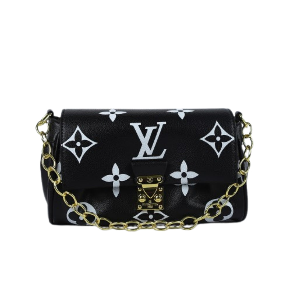 Luxury Monogram Chain Shoulder Bag – Elegant Black & White Designer Style Crossbody Clutch