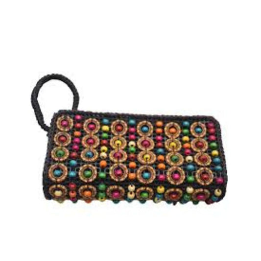 Handmade Multi-Color Geometric Wooden Bead Pouch - Ethnic Wristlet Clutch