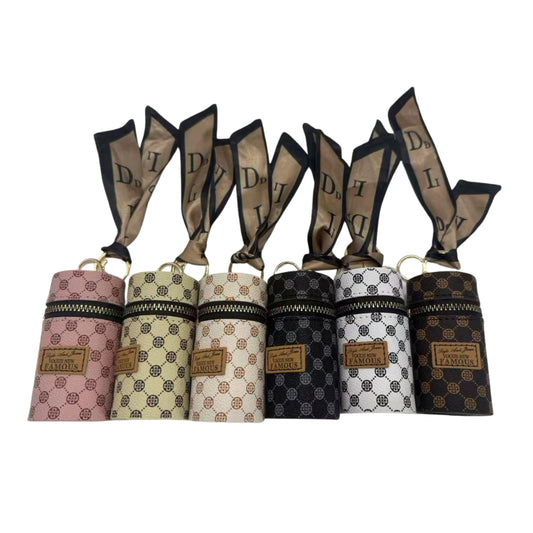 Luxury Cylindrical Mini Pouch Keychain – Elegant Designer Pattern Lipstick & Coin Purse with Scarf Detail
