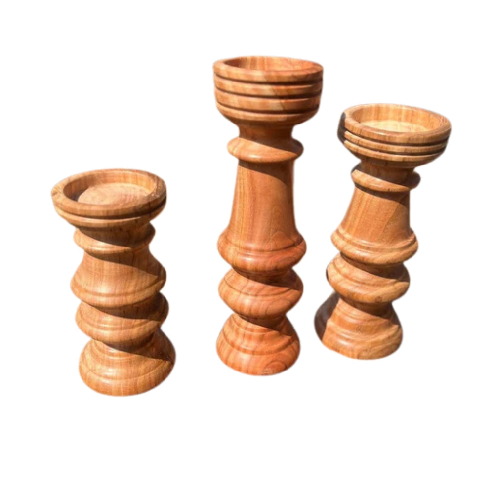 Hand-Turned Wooden Pillar Candle Holder Set – Rustic Solid Wood Taper Stand Collection