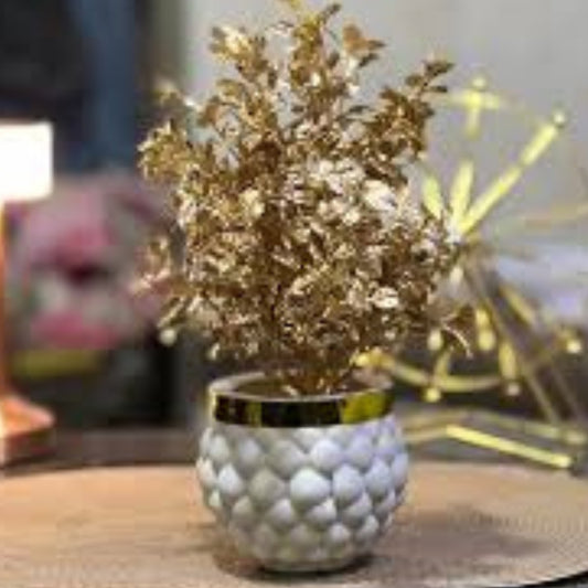 Luxury Golden Foliage Bonsai – Elegant Textured White & Gold Ceramic Potted Artificial Plant