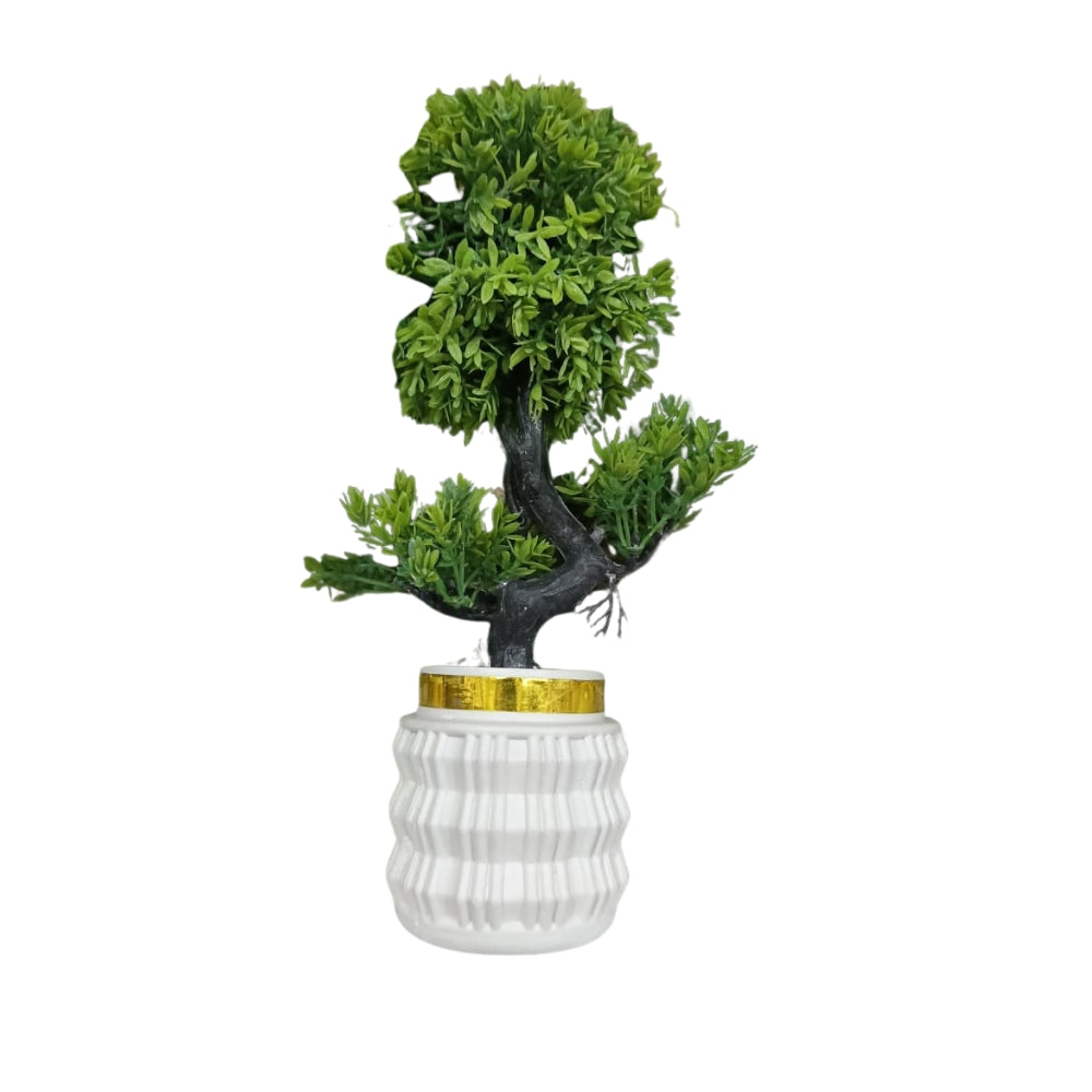 Miniature Evergreen Artificial Bonsai Tree – Elegant White Ribbed Ceramic-Style Pot with Gold Trim