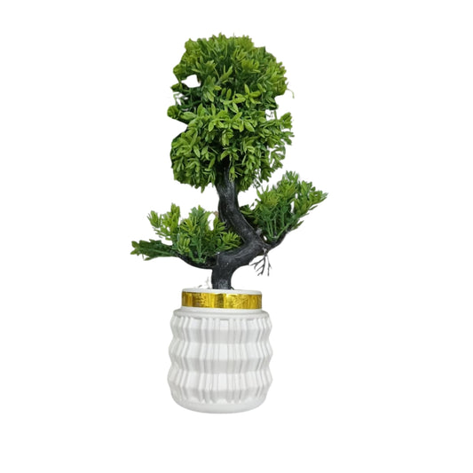 Miniature Evergreen Artificial Bonsai Tree – Elegant White Ribbed Ceramic-Style Pot with Gold Trim