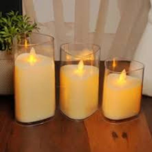 Luxury Flameless LED Pillar Candles – Set of 3 Flickering Battery-Operated Wax Candles in Elegant Glass Jars