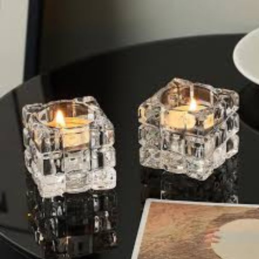 Luxury Square Crystal Tea Light Holders – Elegant Ice-Cube Design Glass Candle Stands for Home & Event Decor