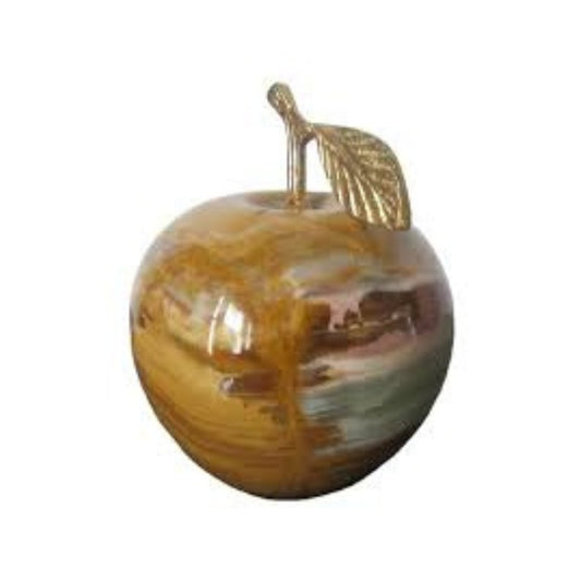 Luxury Hand-Carved Natural Onyx Apple – Polished Marble Stone Fruit with Golden Metallic Stem for Home Decor