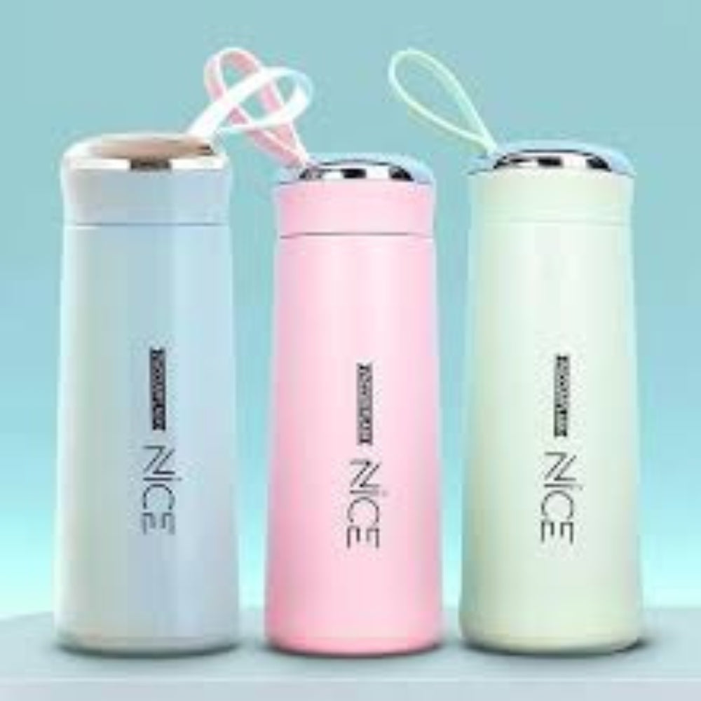 Minimalist "NICE" Vacuum Insulated Thermos Bottle – Stainless Steel Hot & Cold Water Flask with Silicon Carrying Strap (400ml)