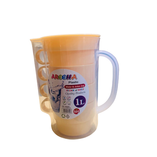 -Liter Areeha Plastic Water and Juice Jug Set – Includes 4 Matching Cups (Available in Different Colors)