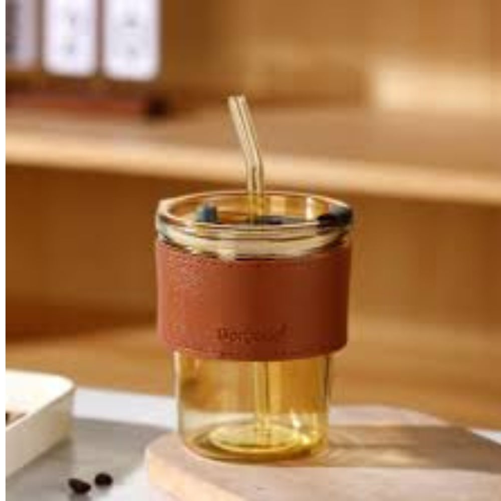 Premium Glass Tumbler with Leather Sleeve and Glass Straw – Aesthetic Coffee & Juice Cup with Spill-Proof Lid