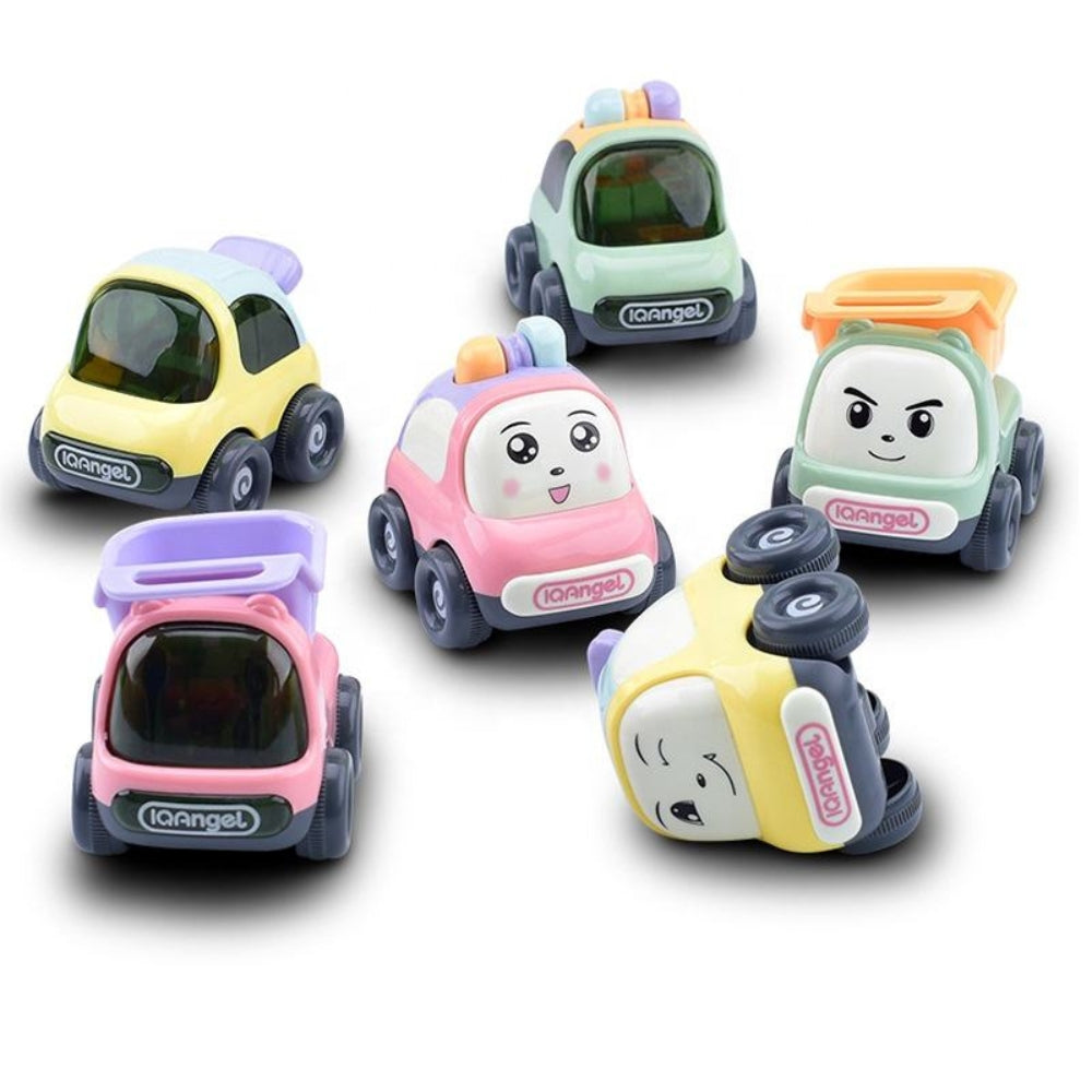 IQAngel Friction Powered Mini Toy Cars for Toddlers – Set of 6 Colorful Pull-Back Vehicles with Cute Cartoon Faces