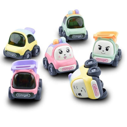 IQAngel Friction Powered Mini Toy Cars for Toddlers – Set of 6 Colorful Pull-Back Vehicles with Cute Cartoon Faces