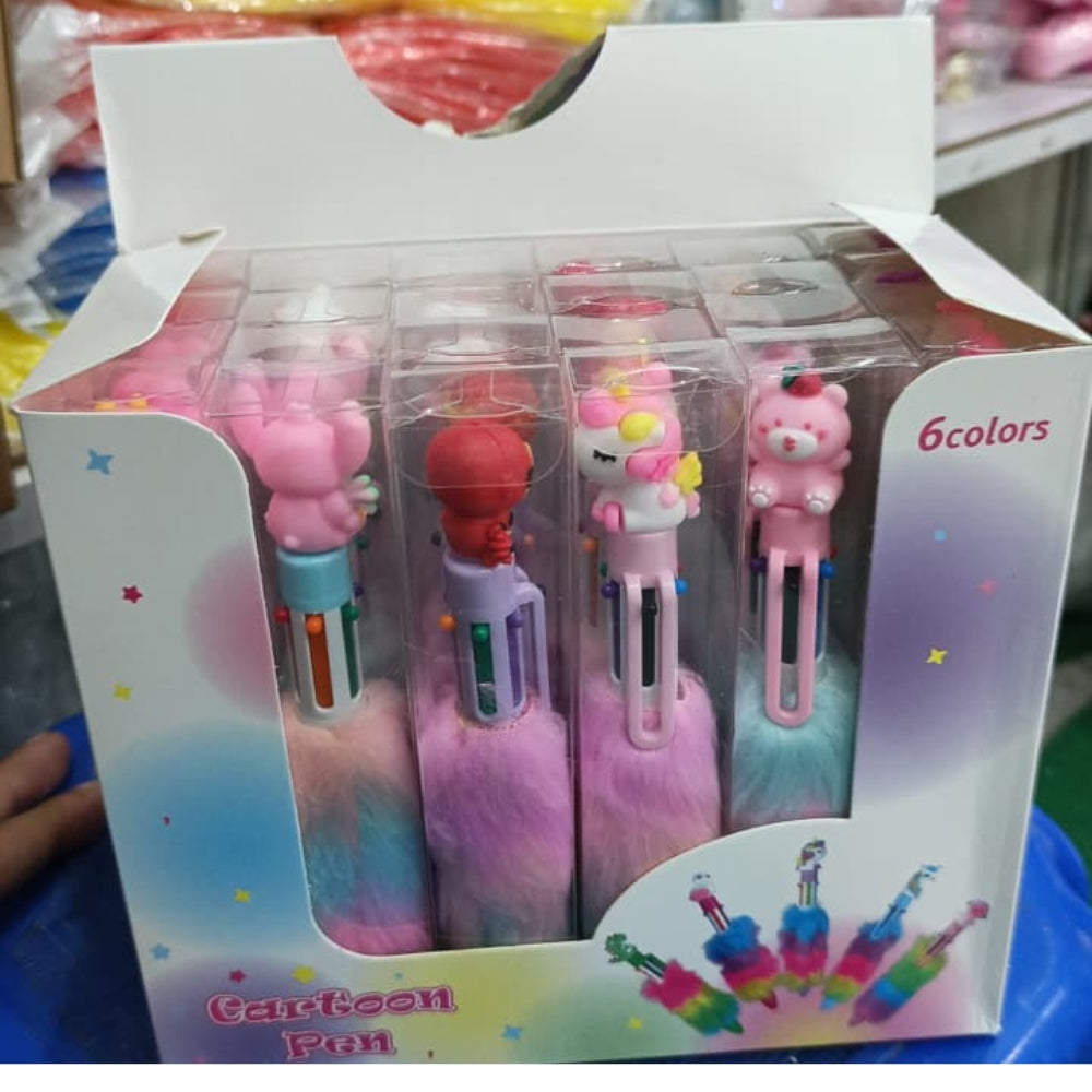 6-in-1 Multicolor Cartoon Fur Pen – Cute Unicorn & Animal Character Ballpoint with Soft Rainbow Fur