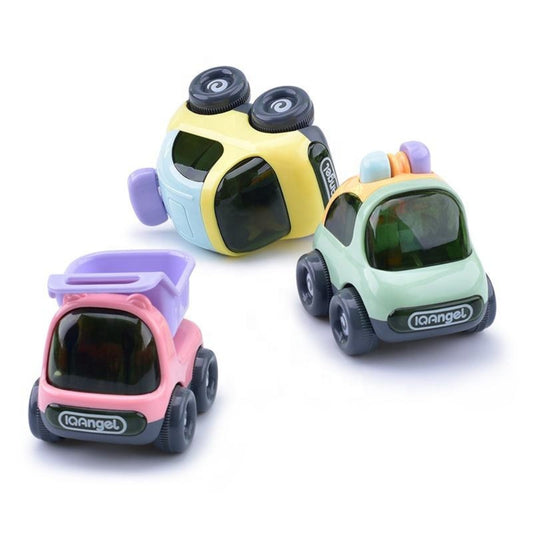 IQAngel Friction Powered Mini Toy Cars for Toddlers – Set of 6 Colorful Pull-Back Vehicles with Cute Cartoon Faces