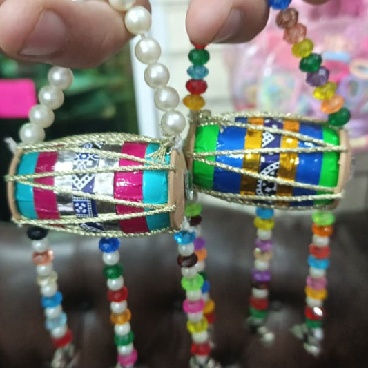 Traditional Mini Dhol Hanging – Handmade Decorative Ornament with Colorful Beads & Pearls for Weddings & Home Decor